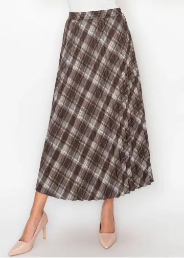 Pleated Midi Skirt in Brown Plaid