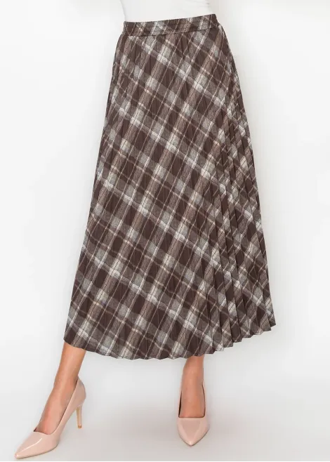 Pleated Midi Skirt in Brown Plaid