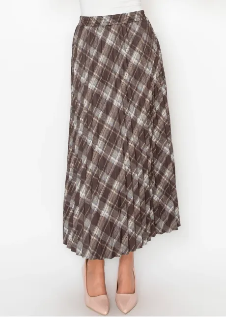 Pleated Midi Skirt in Brown Plaid