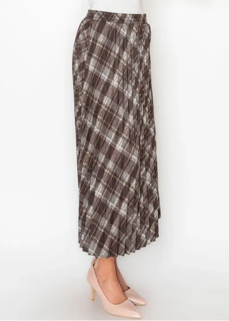 Pleated Midi Skirt in Brown Plaid