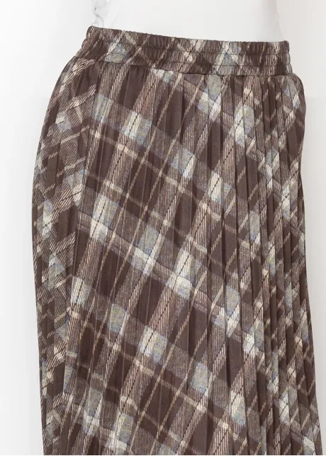 Pleated Midi Skirt in Brown Plaid