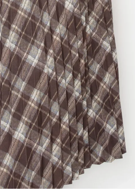 Pleated Midi Skirt in Brown Plaid