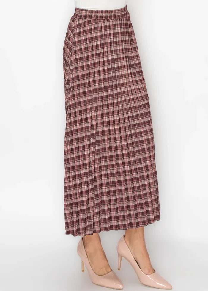 Pleated Midi Skirt in Burgundy and Rose Plaid