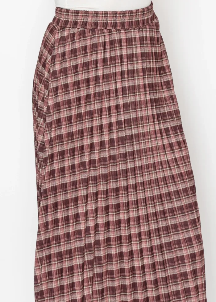 Pleated Midi Skirt in Burgundy and Rose Plaid