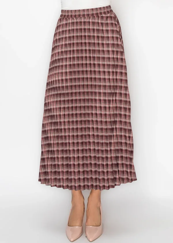 Pleated Midi Skirt in Burgundy and Rose Plaid