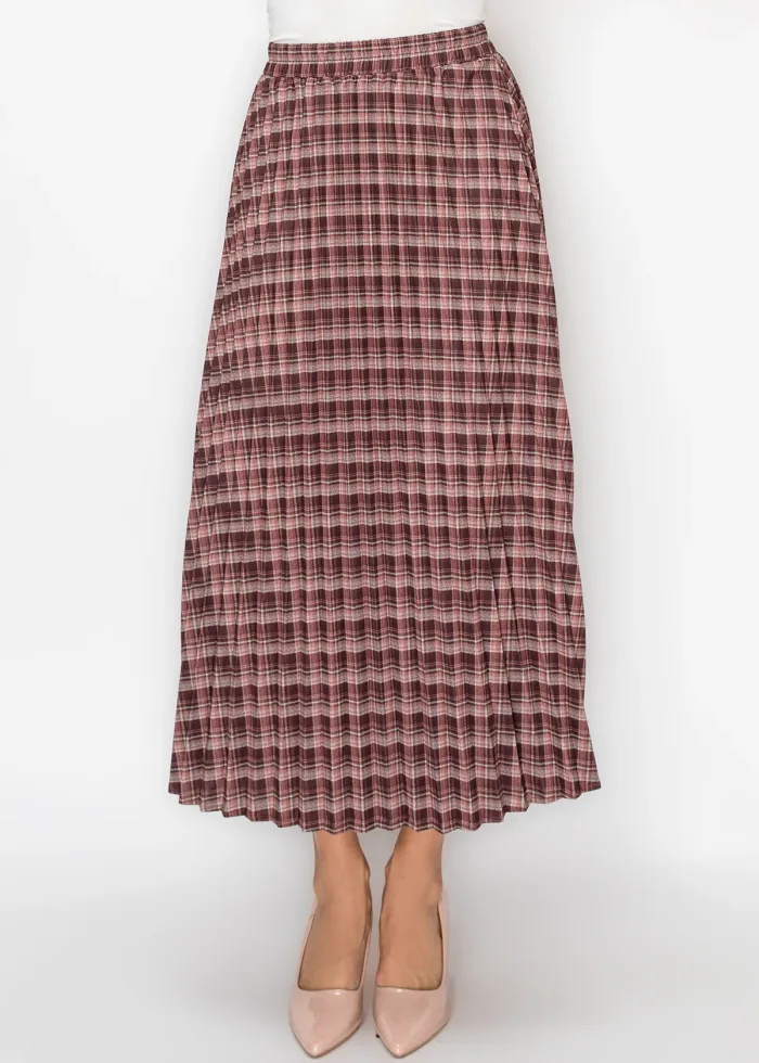 Pleated Midi Skirt in Burgundy and Rose Plaid