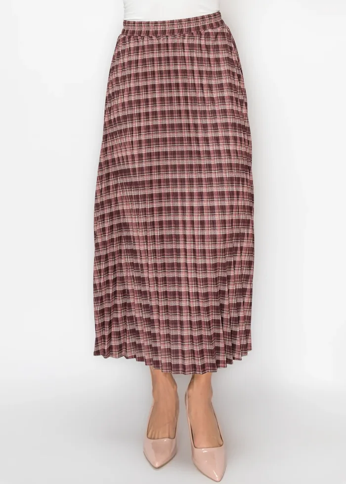Pleated Midi Skirt in Burgundy and Rose Plaid