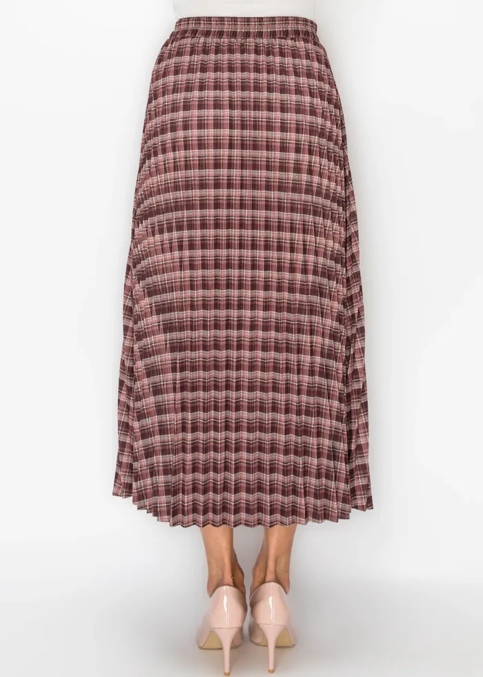 Pleated Midi Skirt in Burgundy and Rose Plaid