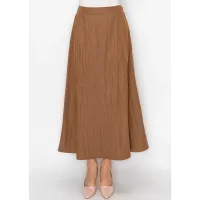 Long Brown A-Line Skirt in Crinkle Texture