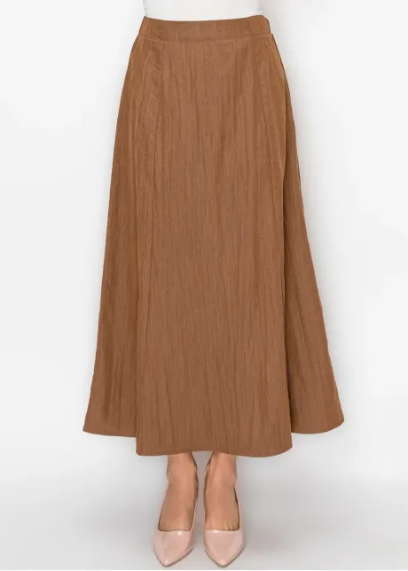 Long Brown A-Line Skirt in Crinkle Texture