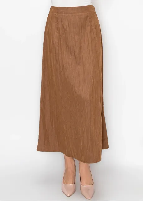 Long Brown A-Line Skirt in Crinkle Texture