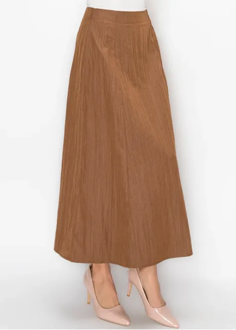 Long Brown A-Line Skirt in Crinkle Texture