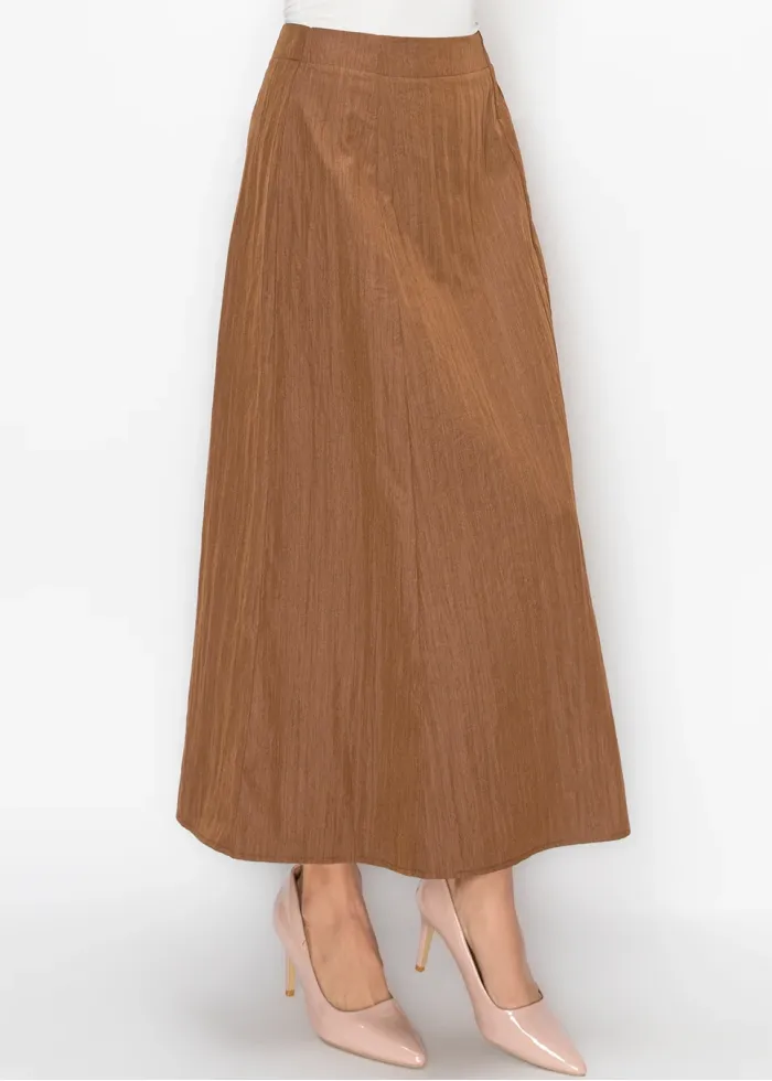 Long Brown A-Line Skirt in Crinkle Texture