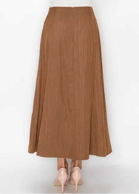 Long Brown A-Line Skirt in Crinkle Texture