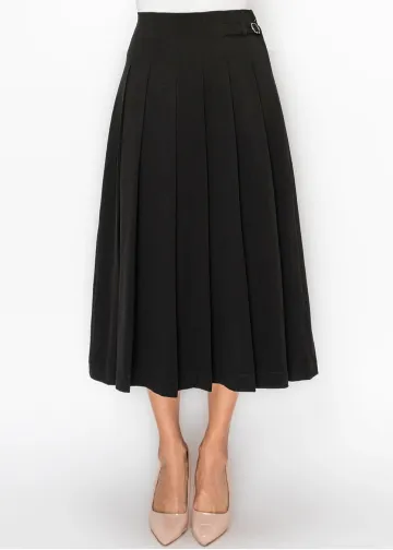 Black Pleated Skirt with Buckle Detail