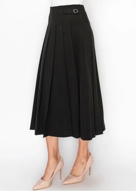Black Pleated Skirt with Buckle Detail