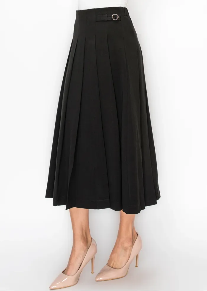 Black Pleated Skirt with Buckle Detail