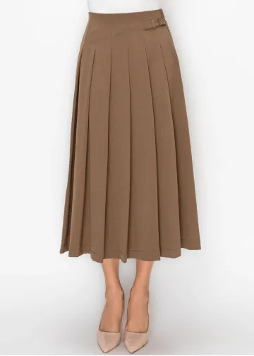 Brown Pleated Skirt with Buckle Detail