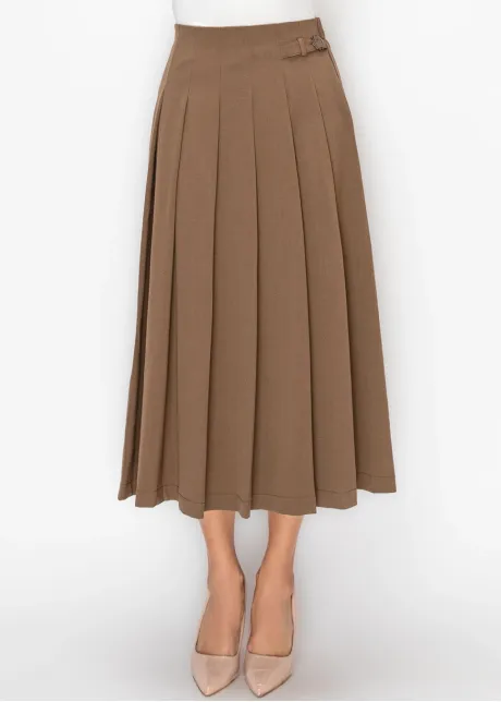 Brown Pleated Skirt with Buckle Detail