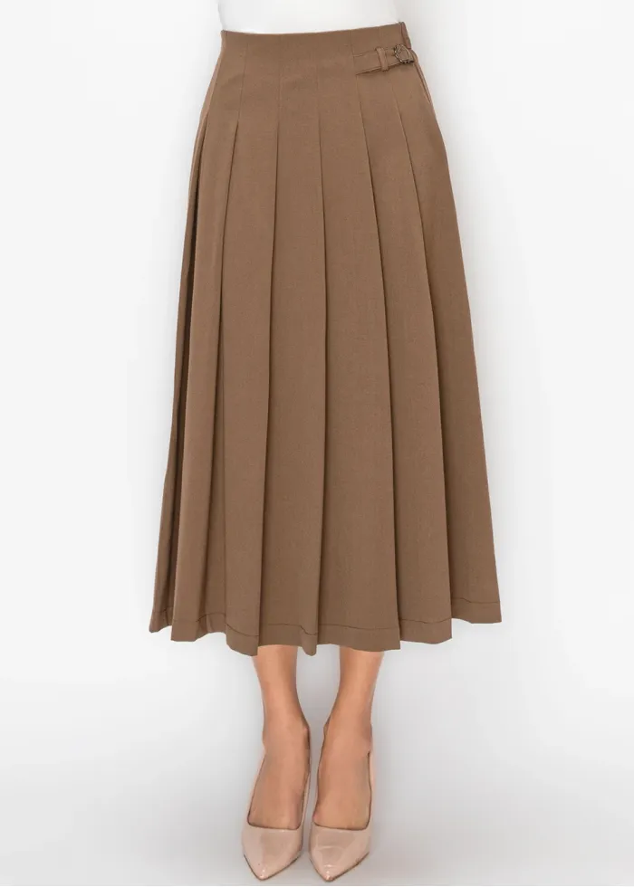 Brown Pleated Skirt with Buckle Detail