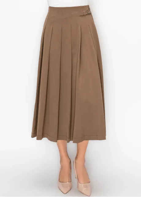 Brown Pleated Skirt with Buckle Detail