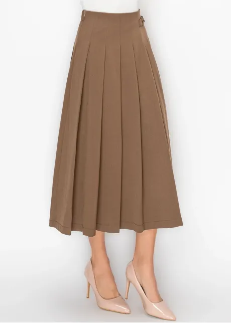 Brown Pleated Skirt with Buckle Detail