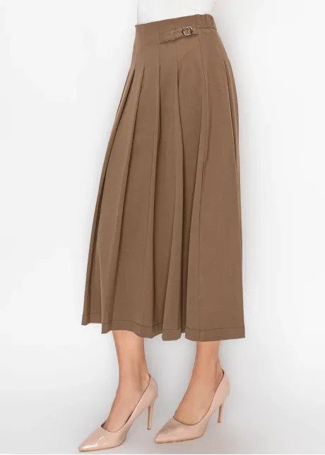Brown Pleated Skirt with Buckle Detail