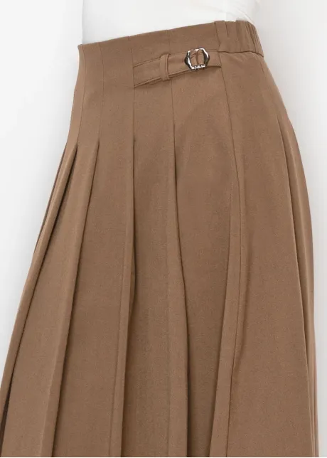Brown Pleated Skirt with Buckle Detail