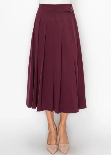 Burgundy Pleated Skirt with Buckle Detail