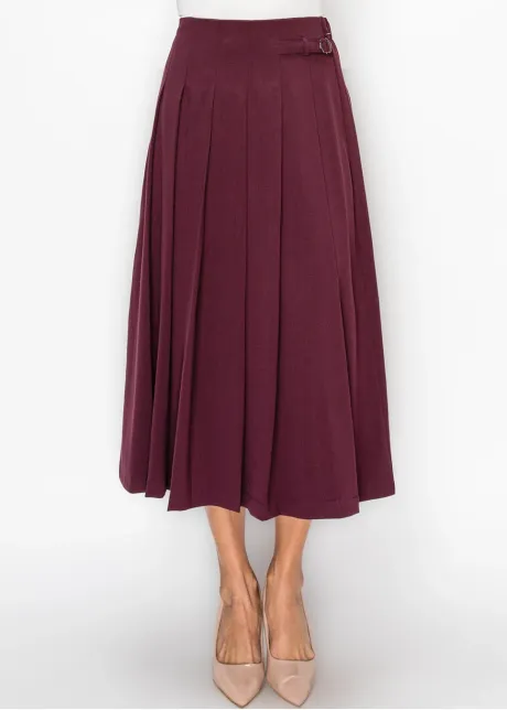 Burgundy Pleated Skirt with Buckle Detail