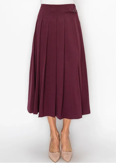 Burgundy Pleated Skirt with Buckle Detail