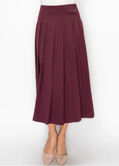 Burgundy Pleated Skirt with Buckle Detail