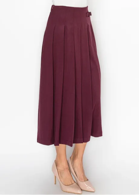 Burgundy Pleated Skirt with Buckle Detail