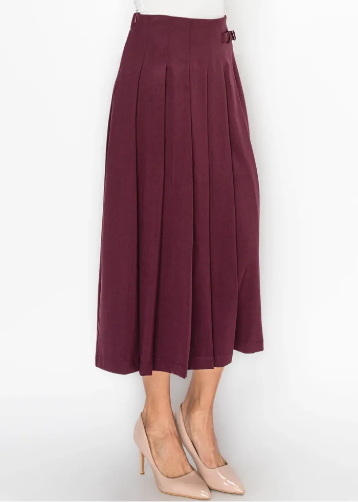 Burgundy Pleated Skirt with Buckle Detail