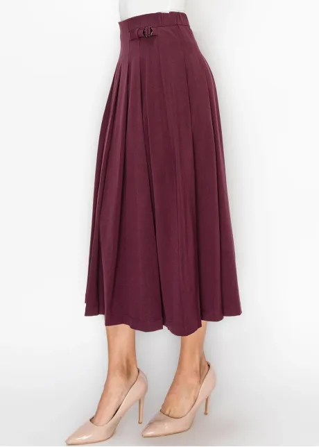 Burgundy Pleated Skirt with Buckle Detail
