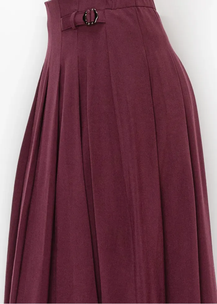 Burgundy Pleated Skirt with Buckle Detail