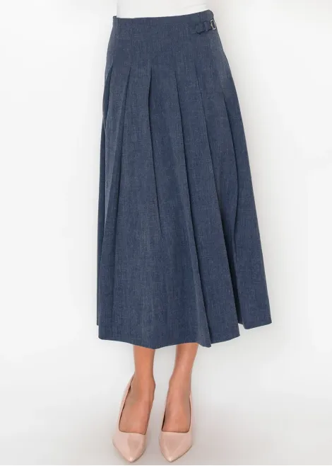 Navy Pleated Skirt with Buckle Detail