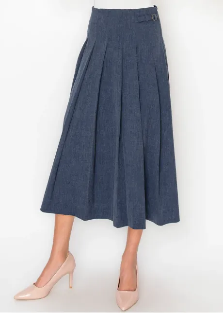 Navy Pleated Skirt with Buckle Detail