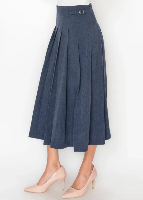 Navy Pleated Skirt with Buckle Detail