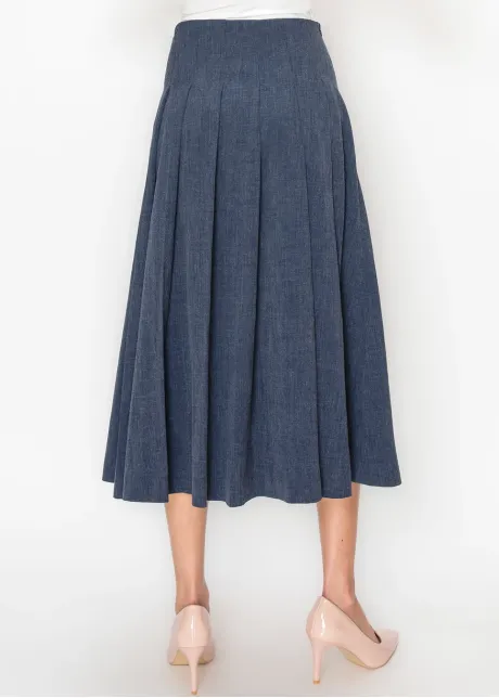Navy Pleated Skirt with Buckle Detail