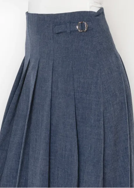 Navy Pleated Skirt with Buckle Detail