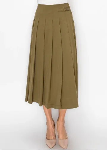 Olive Pleated Midi Skirt with Buckle Detail