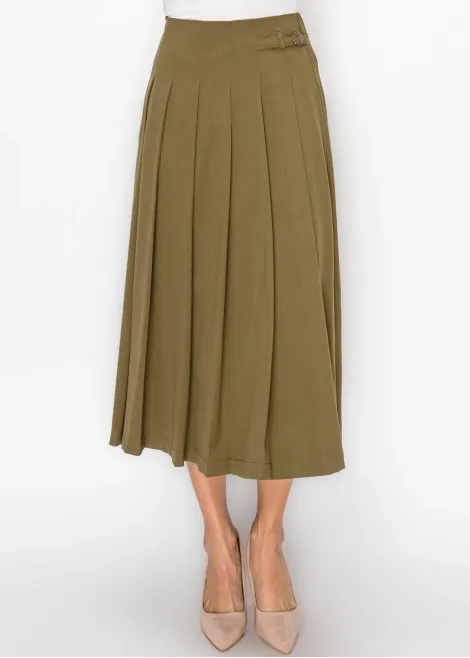 Olive Pleated Midi Skirt with Buckle Detail