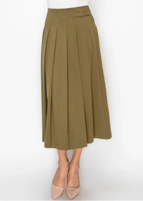 Olive Pleated Midi Skirt with Buckle Detail