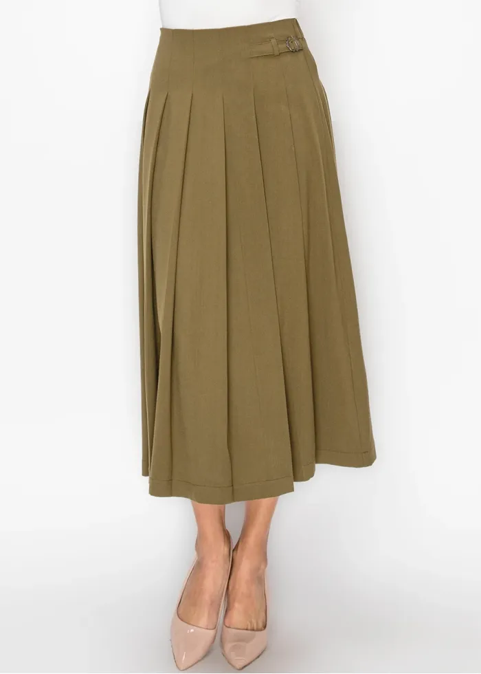 Olive Pleated Midi Skirt with Buckle Detail