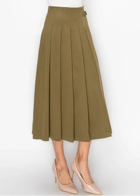 Olive Pleated Midi Skirt with Buckle Detail