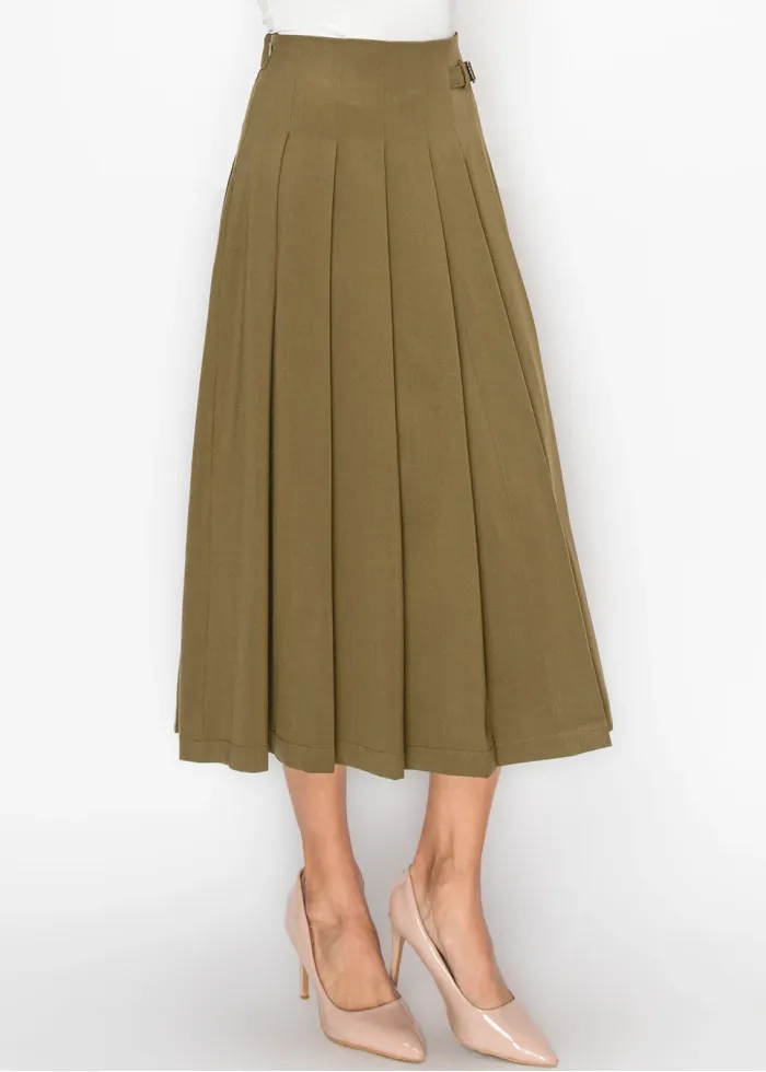 Olive Pleated Midi Skirt with Buckle Detail