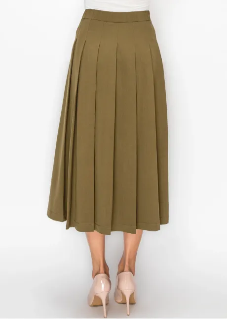 Olive Pleated Midi Skirt with Buckle Detail