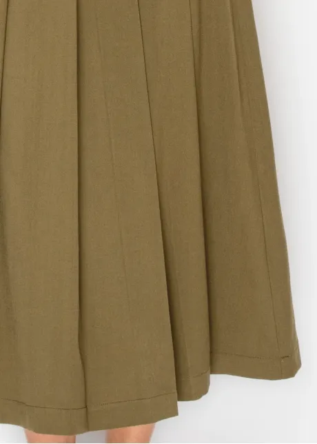 Olive Pleated Midi Skirt with Buckle Detail
