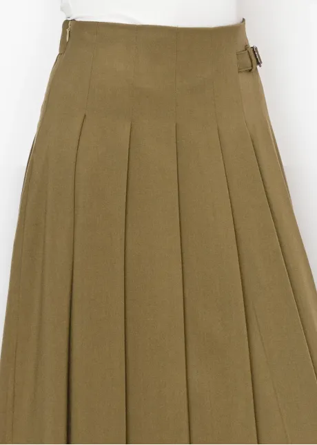 Olive Pleated Midi Skirt with Buckle Detail